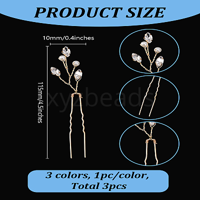 3Pcs 3 Colors Brass Rhinestone Hair Forks MRMJ-LP0001-06-1