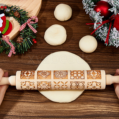 Wood Decorative Flower Pattern Rolling Pin AJEW-WH0596-430A-1