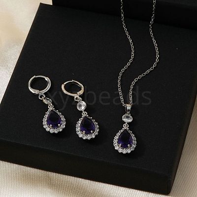 Brass Micro Pave Clear Cubic Zirconia & Glass Teardrop Pendant Necklaces & Earrings Sets for Women RT7280-1