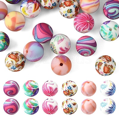 24Pcs 6 Styles Printed Round Silicone Focal Beads SIL-YW0001-76B-1