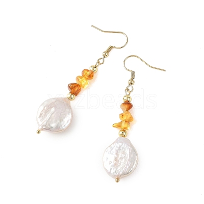 Natural Amber Chip & Natural Keshi Pearl Dangle Earrings EJEW-JE07445-01-1