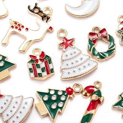 120Pcs 12 Style Light Gold Christmas Theme Alloy Enamel Pendants ENAM-LS0001-55-1