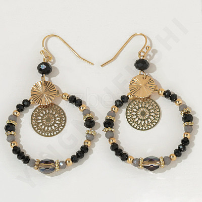 Brass Glass Flat Round with Rondelle Beaded Dangle Earrings FS-WG1FB0A-03-1