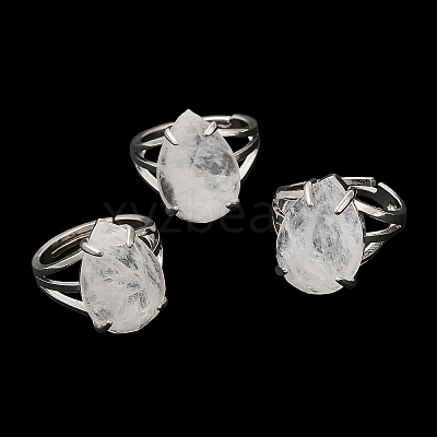 Natural Quartz Crystal Teardrop Adjustable Rings RJEW-K241-03P-11-1