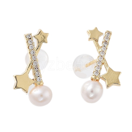 Natural Pearl Star Stud Earrings EJEW-P256-75G-1