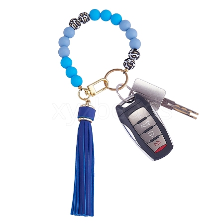 Silicone Round Beaded Keychain with Imitation Leather Tassel KEYC-SW00005-02-1