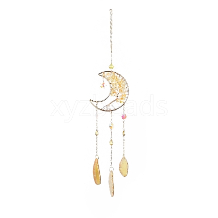 Natural Citrine Chips Beaded Moon Hanging Sun Catchers HJEW-M004-07-1