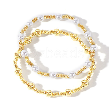 2Pcs Sweet Plastic Imitation Pearl with Brass Bead Stretch Bracelet Set for Women XS7502-1