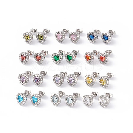 Cubic Zirconia & Rhinestone Heart Stud Earrings EJEW-A080-03M-P-1