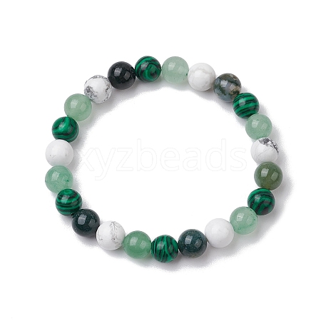 8.5mm Round Natural Moss Agate & Howlite & Natural Green Aventurine & Synthetic Malachite Bead Stretch Bracelets for Women BJEW-JB10944-04-1