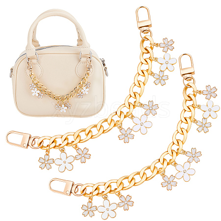 2Pcs Alloy Enamel White Flower Pendant Aluminum Curb Chain Bag Decorative Chains HJEW-BBC0001-36-1