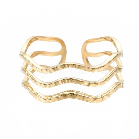 304 Stainless Steel Triple Line Wave Open Cuff Ring RJEW-T023-02G-1