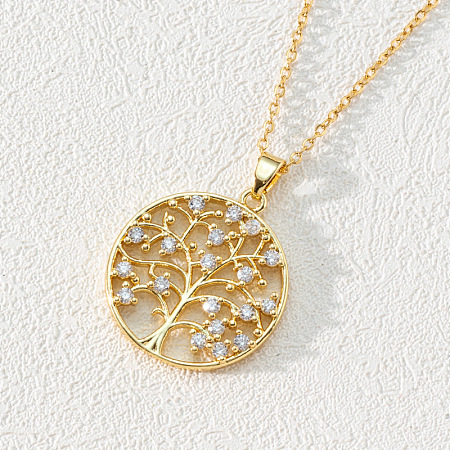 18K Gold Plated Tree of Life Pendant Necklace with CZ Stones Circle Cutout ST0008405-1