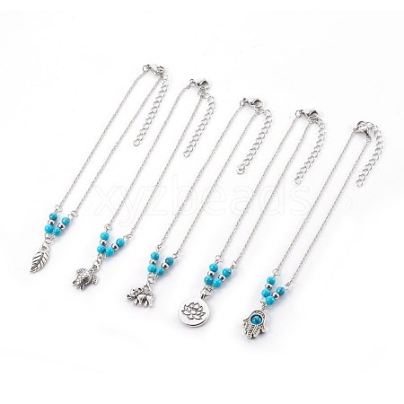 Synthetic Turquoise Charms Anklets AJEW-AN00234-1