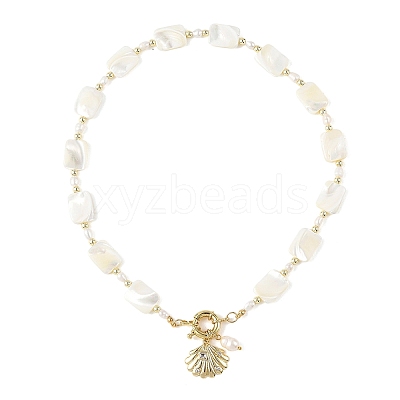 Ocean Brass Shell Shape Pendant Natural Trochid Shell & Freshwater Pearl Beaded Necklaces for Women NJEW-JN06408-1