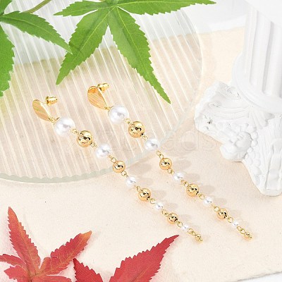 Brass ABS Plastic Pearl Tassel Stud Earrings EJEW-U040-17G-1