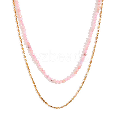 18K Gold Plated Stainless Steel & Natural Pink Opal Beaded Double Layer Necklaces for Women QW1726-4-1
