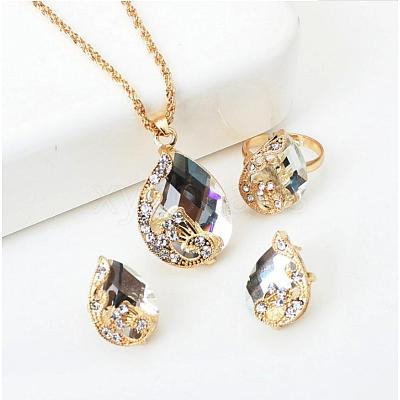 Alloy Glass Pendant Necklaces & Stud Earrings & Rings Sets WGA5C1C-05-1