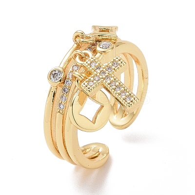 Clear Cubic Zirconia Cross & Coin & Star Charms Open Ring RJEW-P032-31G-1