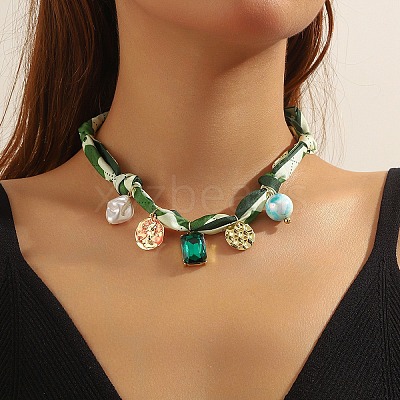Rectangle Alloy Enamel & Resin & Green Glass & Plastic Pearl & Rhinestone Tassel Scarf Choker Necklaces FS-WG248CD-10-1