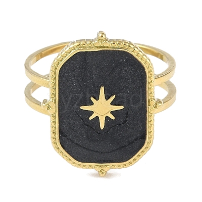 Ion Plating(IP) 304 Stainless Steel Enamel Rectangle with Star Cuff Finger Rings RJEW-L107-063G-02-1