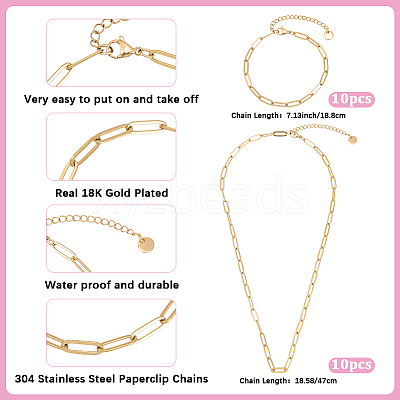 20Pcs 2 Styles 304 Stainless Steel Cable Chain Bracelets & Necklaces Sets for Women SJEW-BM0001-04-1