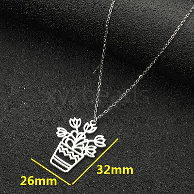 304 Stainless Steel Cutout Flower Potted Plant Pendant Necklaces for Women WGA529A-06-1