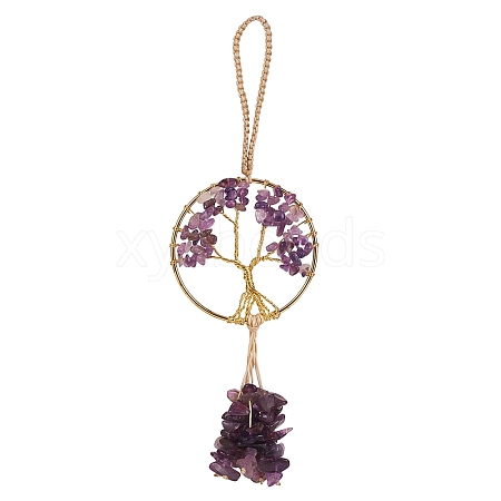 Wire Wrapped Chips Natural Amethyst Big Pendant Decorations HJEW-SZ0001-27E-1