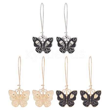 ANATTASOUL 3 Pair 3 Color Enamel Butterfly with Skull Hoop Earrings EJEW-AN0002-46-1