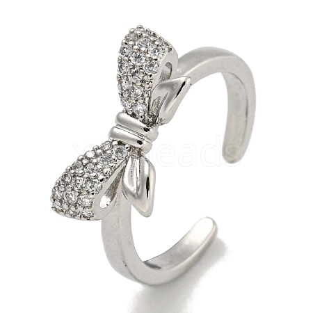 Bowknot Brass Micro Pave Cubic Zirconia Open Cuff Ring for Women RJEW-E296-10P-1