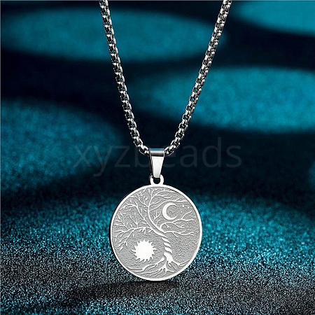 Stainless Steel Viking Moon Sun Tree of Life Flat Round Pendant Box Chain Necklaces PW-WG93B99-01-1