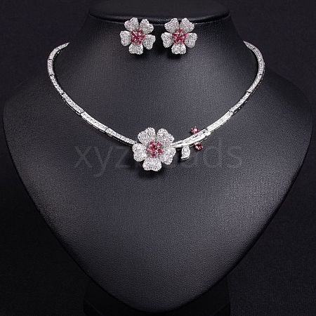 Flower Brass Micro Pave Cubic Zirconia Pendant Necklaces & Stud Earrings Sets WG63143-01-1