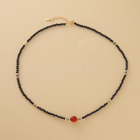 Vintage Style Natural Black Tourmaline & Faceted Red Agate Beaded Necklaces with 925 Sterling Silver Clasps QC3026-1