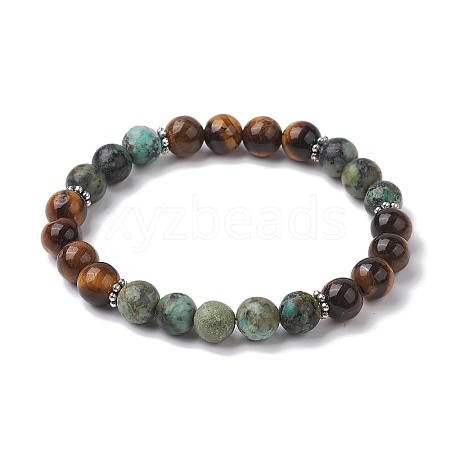 8mm Round Natural Tiger Eye & African Turquoise(Jasper) Beaded Stretch Bracelets for Women Men BJEW-JB10533-03-1