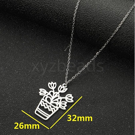 304 Stainless Steel Cutout Flower Potted Plant Pendant Necklaces for Women WGA529A-06-1