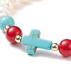 Synthetic Turquoise(Dyed) Cross & Natural Mashan Jade & Pearl Beaded Stretch Bracelet BJEW-TA00161-4
