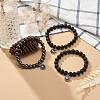 3Pcs 3 Style Natural Black Agate(Dyed) & Lava Rock & Synthetic Hematite Round Beaded Stretch Bracelets Set BJEW-JB08897-2