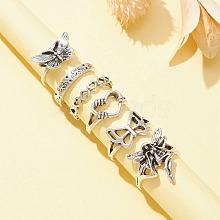 6Pcs 6 Style Butterfly & Heart & Chain Shape Alloy Stackable Rings Set RJEW-FS0001-05A