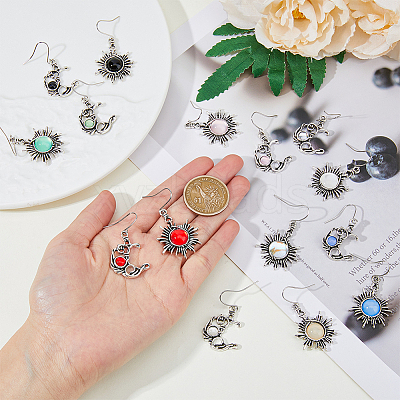 8 Sets 8 Colors Sun & Moon Glass Asymmetrical Earrings EJEW-FI0002-05-1