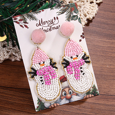 Christmas Plastic Seed Beads & Cloth Dangle Stud Earrings FS-WG8935B-04-1