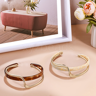 2Pcs 2 Colors Brass Resin Cuff Bracelets for Women BJEW-GO0002-12-1