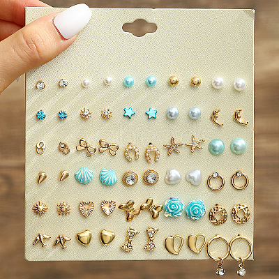 30Pairs Alloy & Plastic Imitation Pearl & Rhinestone Stud Earring Sets WGF62EF-02-1