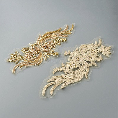 Phoenix Tail Pattern Glass Rhinestone & Mesh Base Fabrics Handwork Embroidery Cloth Sew on Appliques PATC-WH0009-02C-1