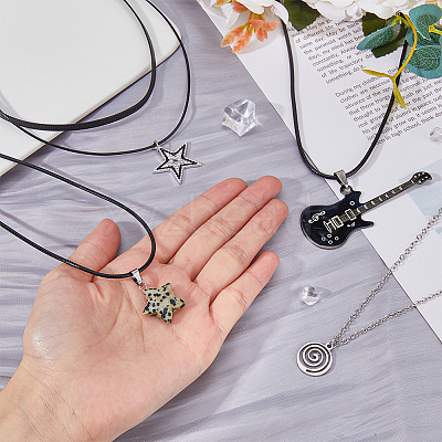 4Pcs 4 Style Star & Guitar Natural Dalmatian Jasper & Alloy Pendant Necklaces Set with Waxed Polyester Cords NJEW-FI0001-16-1