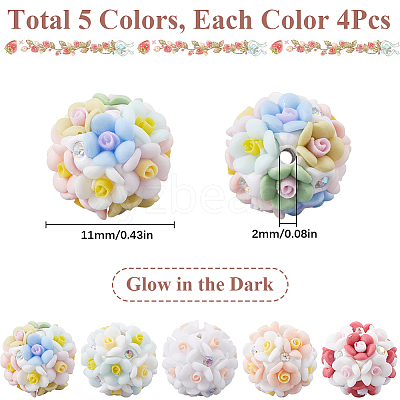 20Pcs 5 Colors Luminous Polymer Clay Rhinestone Flower Beads RESI-SC0005-56-1