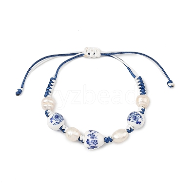 Adjustable Handmade Chinoiserie Floral Printed Porcelain Heart Beads & Natural Pearl Braided Bead Bracelets for Women BJEW-JB14209-1