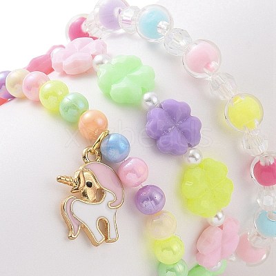 3Pcs 3 Style Acrylic Clover & Imitation Pearl Beaded Stretch Bracelets Set BJEW-JB09104-1