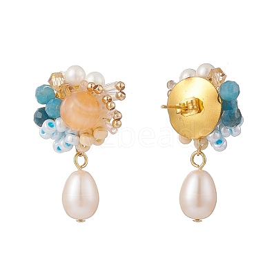Natural Carnelian & Apatite Beaded Flower with Shell Pearl Dangle Stud Earrings EJEW-TA00163-1
