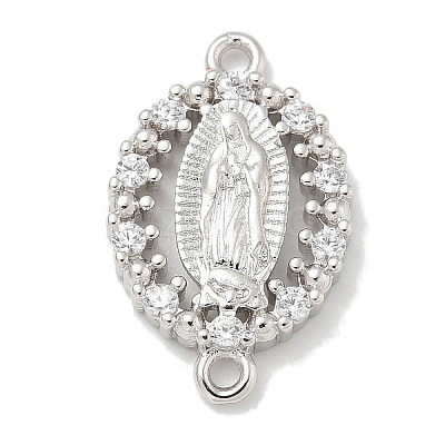 Rack Plating Brass Clear Cubic Zirconia Religion Oval Virgin Mary Connector Charms X-KK-L224-097P-1