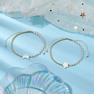 2Pcs 2 Styles Moon & Star Freshwater Shell & Natural Rainbow Moonstone Braided Bead Bracelet Sets BJEW-JB10531-1